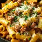 Close-up of sausage rigatoni pasta skillet with vibrant colors and textures