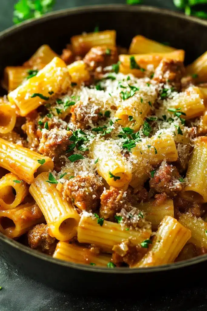 Close-up of sausage rigatoni pasta skillet with vibrant colors and textures