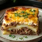 Close-up of scalloped potato ground beef casserole with golden crust and herbs