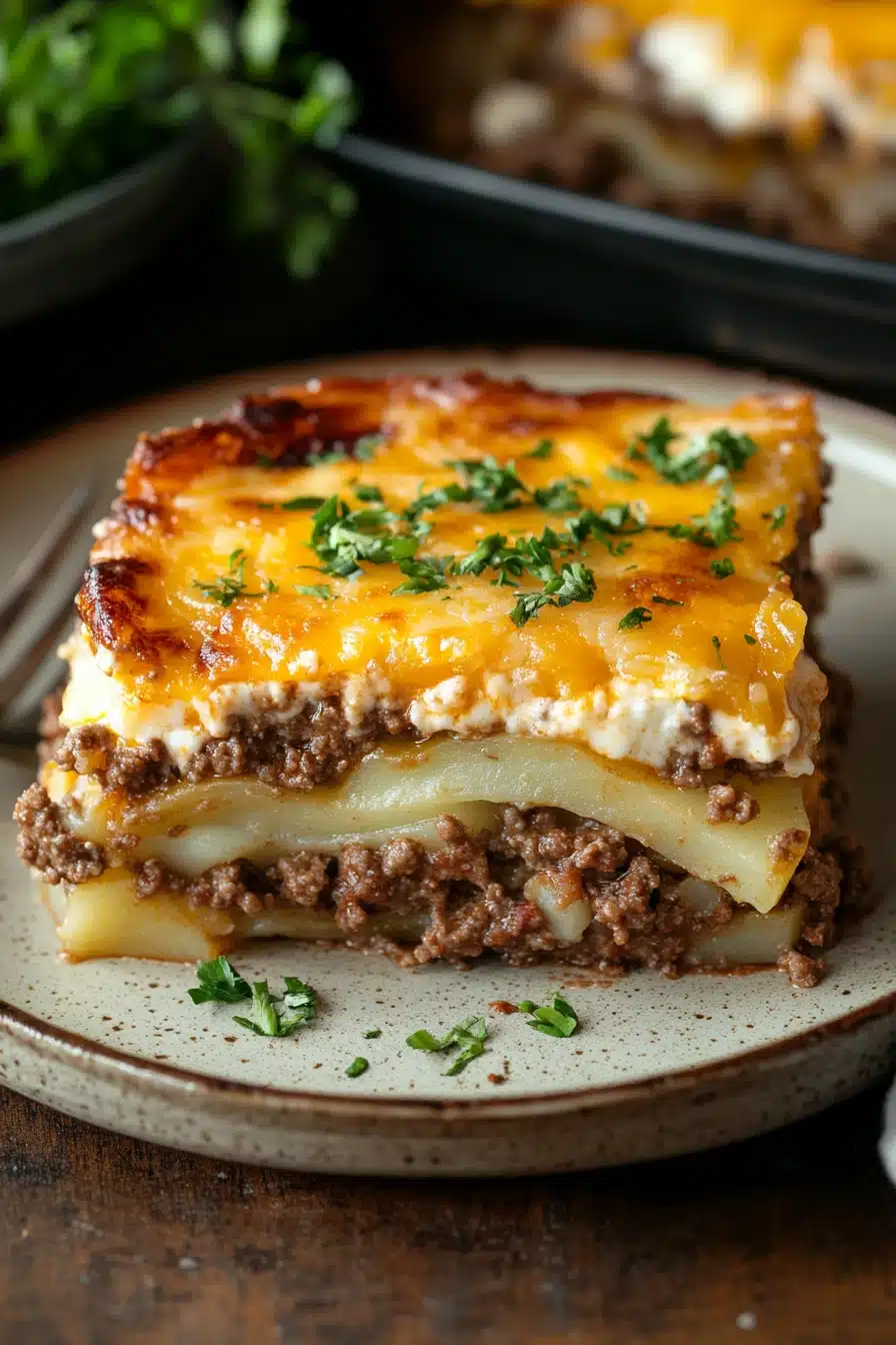 Close-up of scalloped potato ground beef casserole with golden crust and herbs