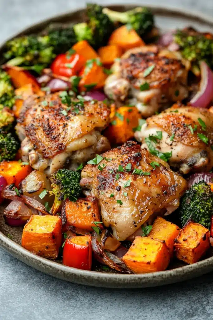 Close-up of a sheet pan dinner with sweet potatoes, vegetables, and herbs in warm lighting.