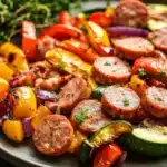 Close-up of sheet pan kielbasa chicken sausage with vegetables on a clean background