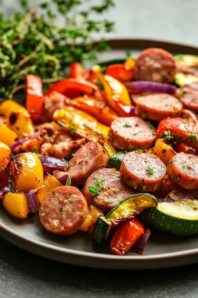 Close-up of sheet pan kielbasa chicken sausage with vegetables on a clean background