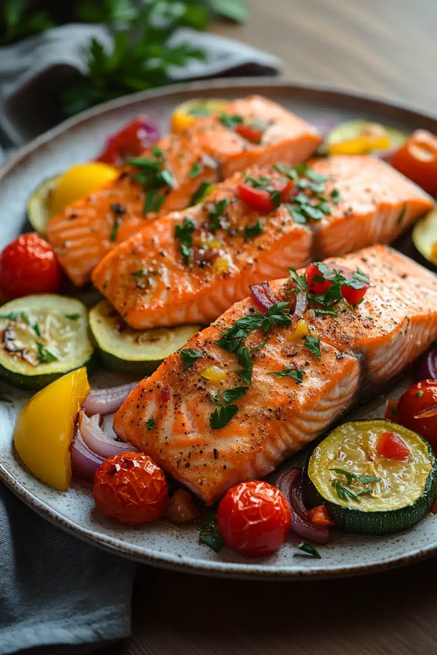 Close-up of a sheet pan with roasted salmon and colorful vegetables