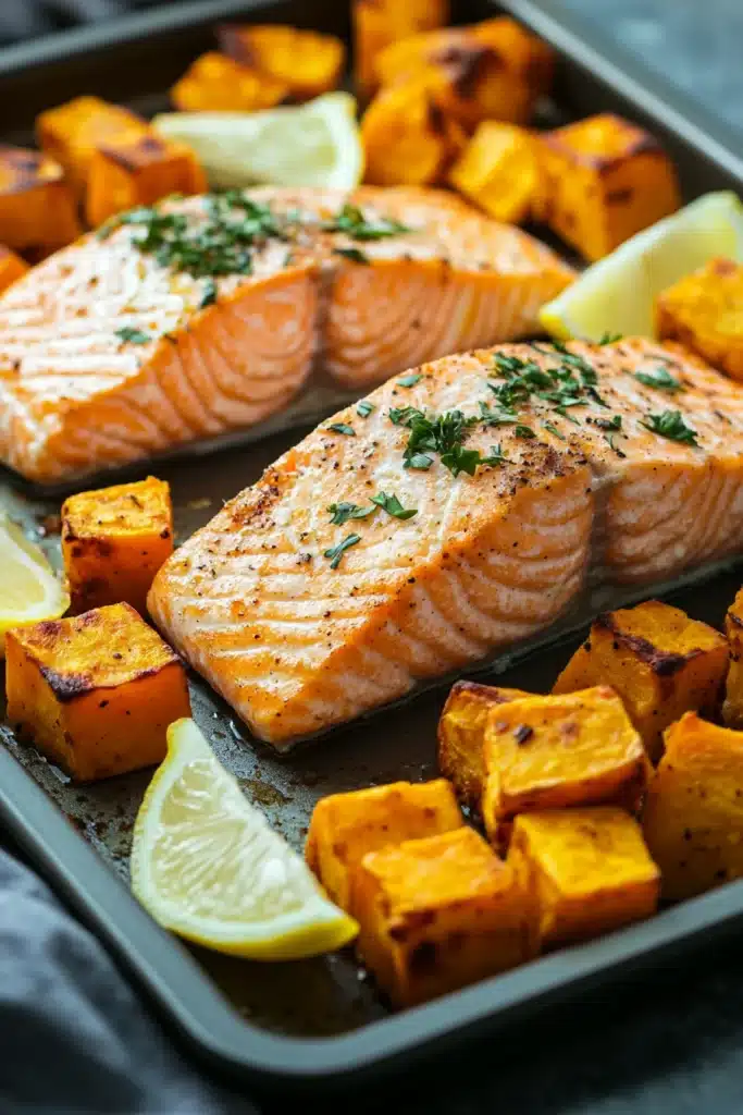 Close-up of sheet pan salmon with sweet potatoes and vegetables in bright natural light.