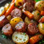 Sheet pan with sausage, potatoes, and carrots in a bright, appetizing close-up.