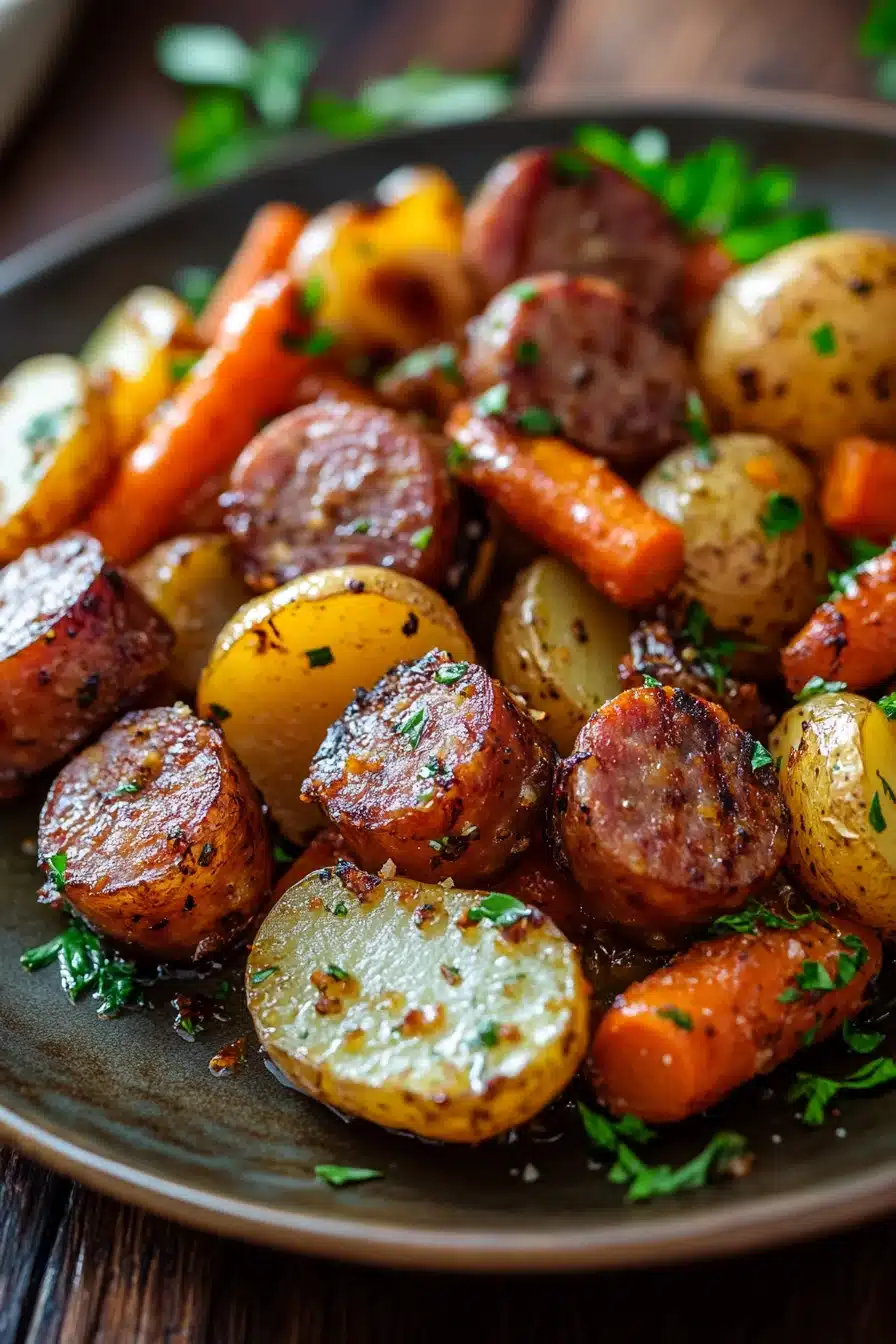 Sheet pan with sausage, potatoes, and carrots in a bright, appetizing close-up.