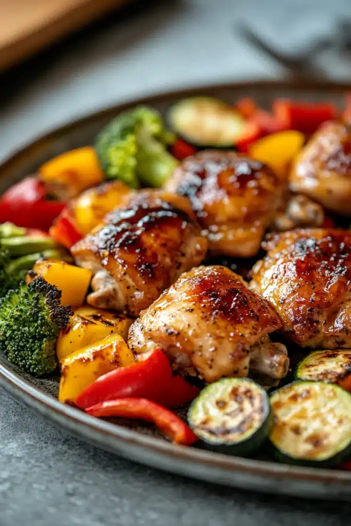 Sheet pan teriyaki chicken with colorful vegetables, close-up view