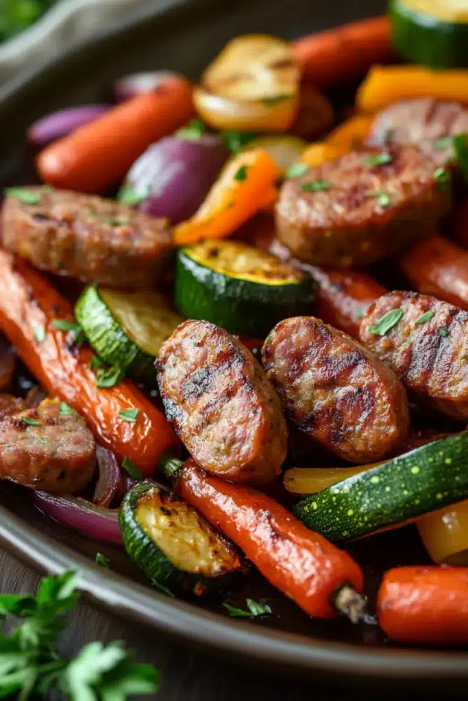 Close-up of sheet pan vegetables and sausage with vibrant colors and a clean background.