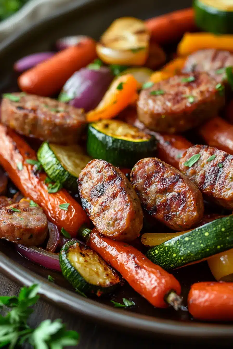 Close-up of sheet pan vegetables and sausage with vibrant colors and a clean background.