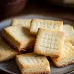 Close-up of golden shortbread cookies stacked on a white plate, no mixer required