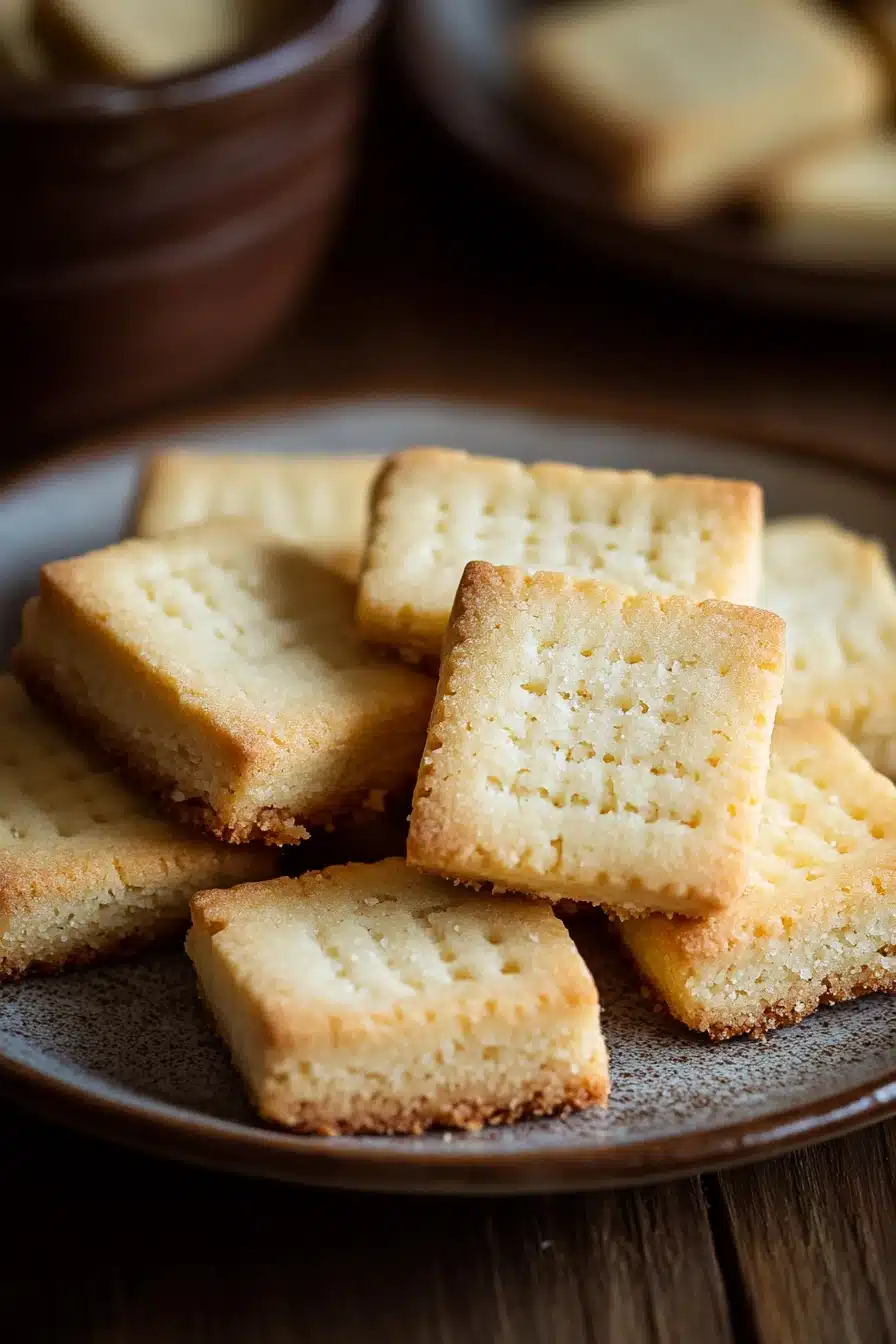 Close-up of golden shortbread cookies stacked on a white plate, no mixer required