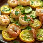 Close-up of shrimp, squash, and zucchini on a sheet pan with bright lighting