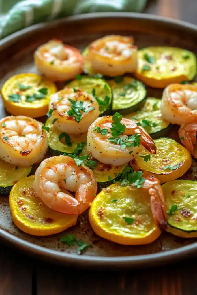 Close-up of shrimp, squash, and zucchini on a sheet pan with bright lighting