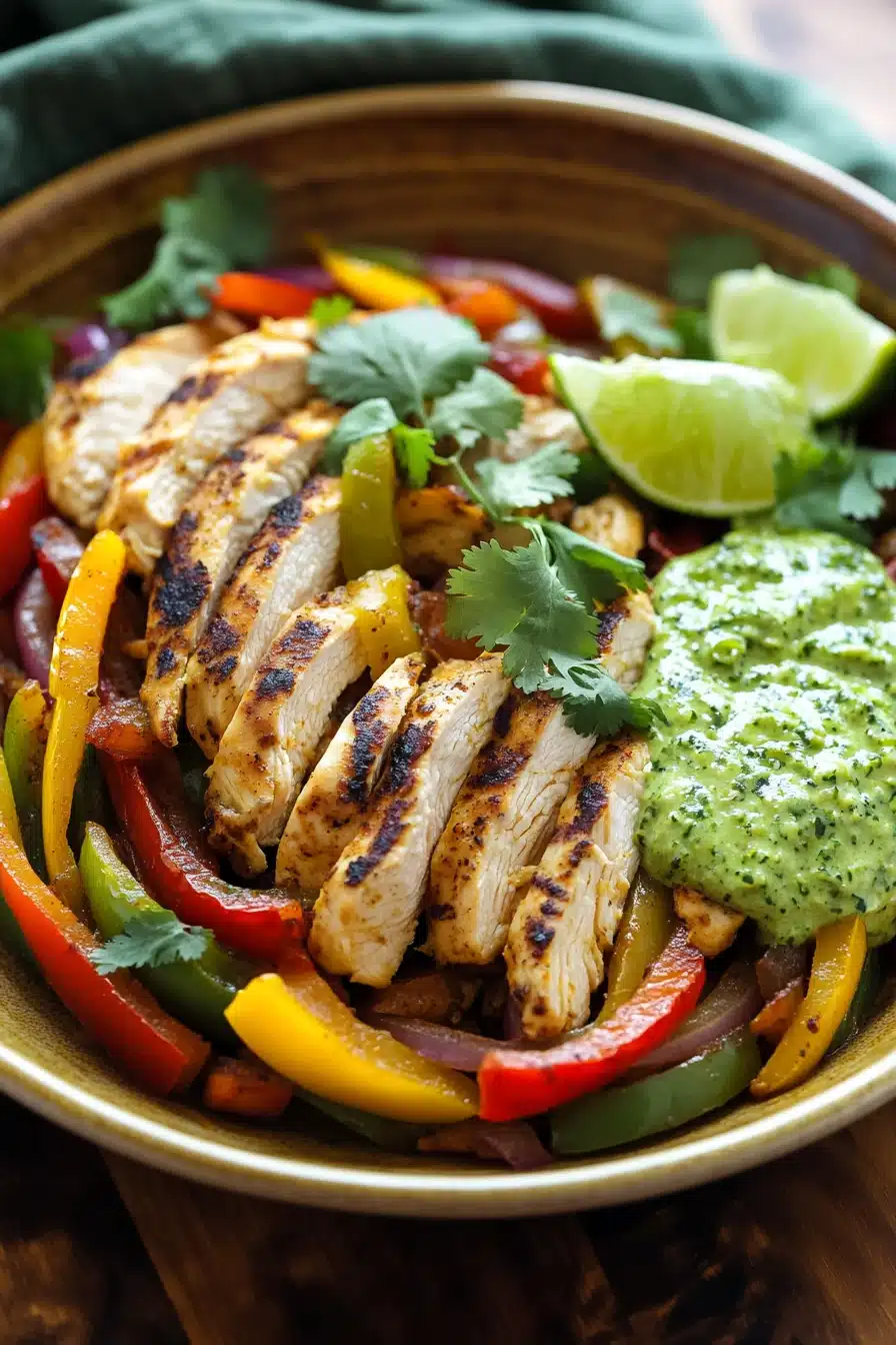 Close-up of skillet chicken fajitas with creamy jalapeño verde sauce, vibrant and appetizing.