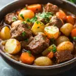 Close-up of slow cooker beef and potatoes stew with rich textures and hearty ingredients.