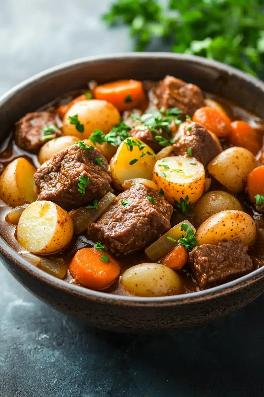 Close-up of slow cooker beef and potatoes stew with rich textures and hearty ingredients.