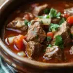Close-up of slow cooker beef birria with rich textures and vibrant colors.