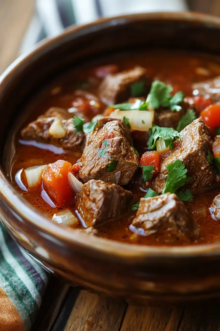 Close-up of slow cooker beef birria with rich textures and vibrant colors.