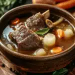 Close-up of slow cooker beef broth with visible textures and bright lighting