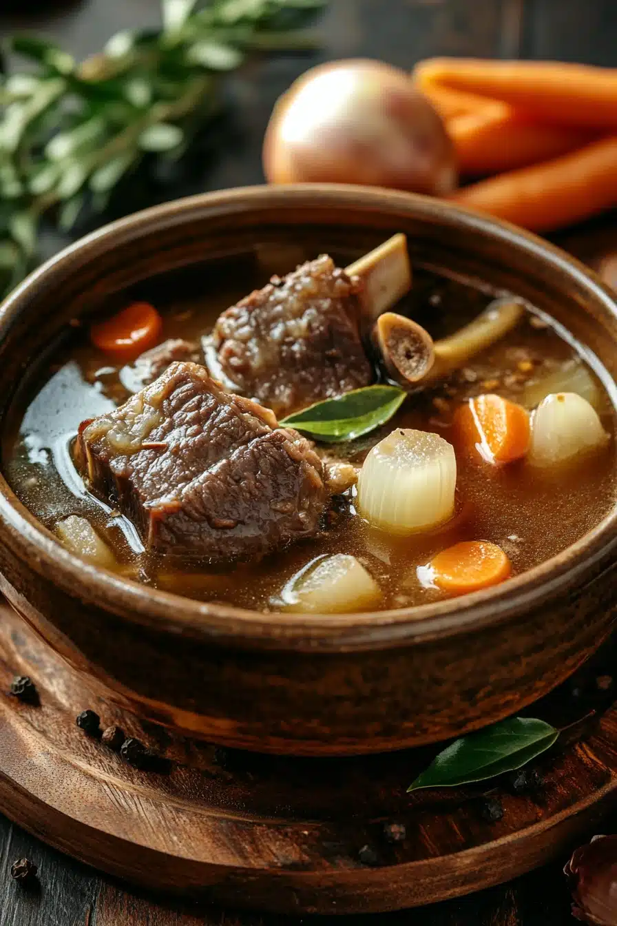 Close-up of slow cooker beef broth with visible textures and bright lighting