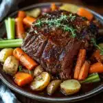 Close-up of a slow cooker beef chuck roast with rich, savory juices and herbs