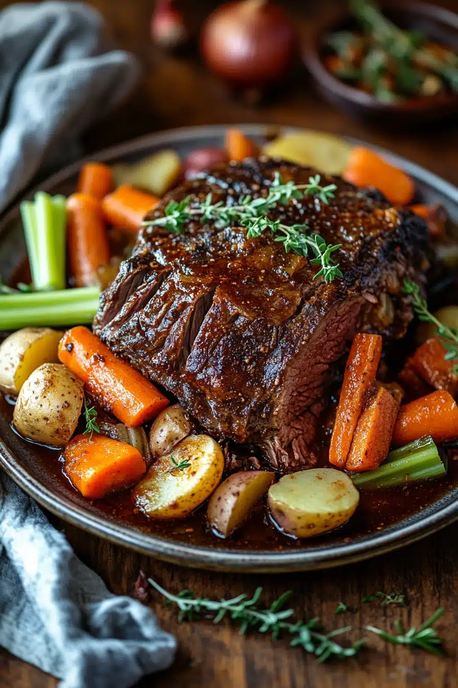 Close-up of a slow cooker beef chuck roast with rich, savory juices and herbs