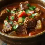Close-up of slow cooker beef curry with vibrant spices and herbs