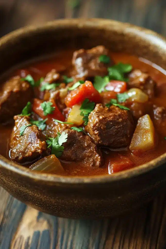 Close-up of slow cooker beef curry with vibrant spices and herbs