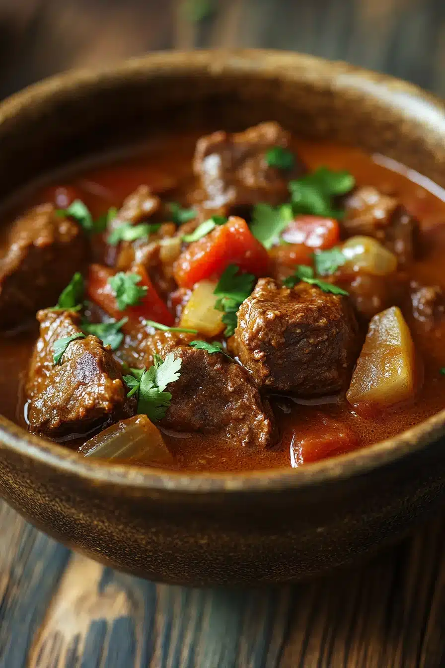 Close-up of slow cooker beef curry with vibrant spices and herbs