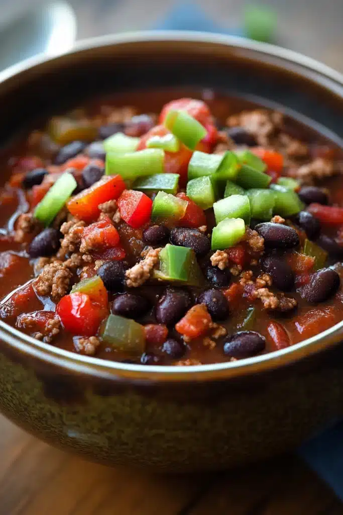 Close-up of slow cooker black bean taco chili with vibrant colors and textures