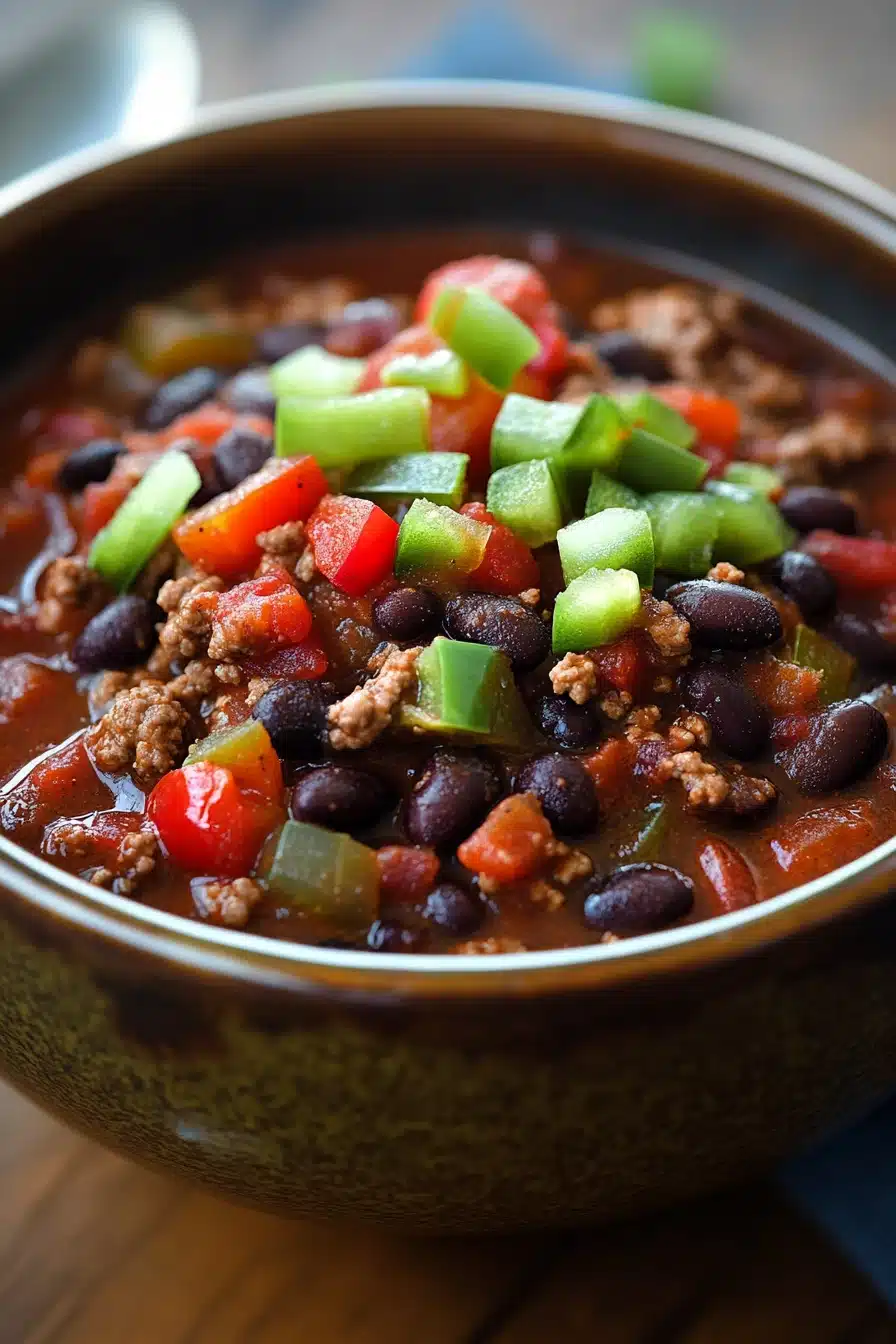 Close-up of slow cooker black bean taco chili with vibrant colors and textures