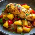 Close-up of slow cooker chicken Hawaiian with a creamy sauce and garnished with herbs.