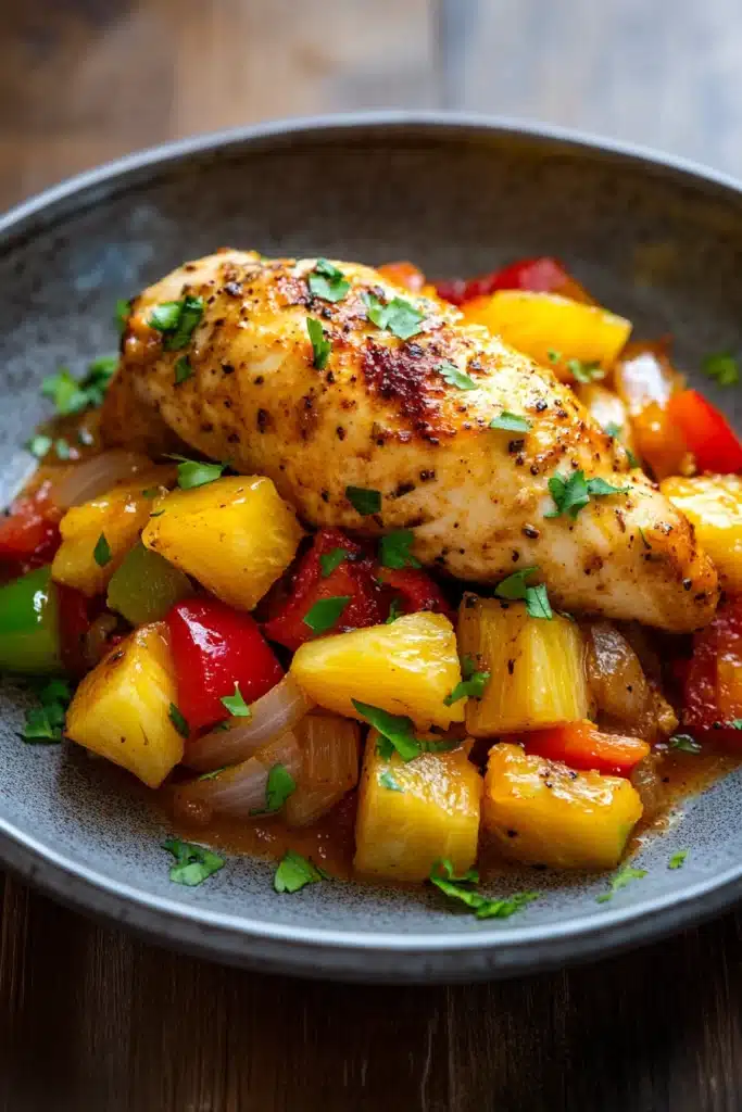Close-up of slow cooker chicken Hawaiian with a creamy sauce and garnished with herbs.