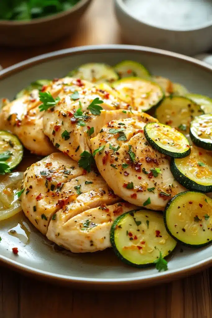 Close-up of slow cooker chicken with zucchini in a creamy sauce