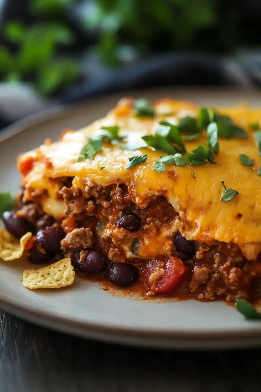 Close-up of a slow cooker chili cheese casserole with melted cheese and beans.