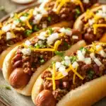 Close-up of slow cooker chili dogs with melted cheese and garnishes