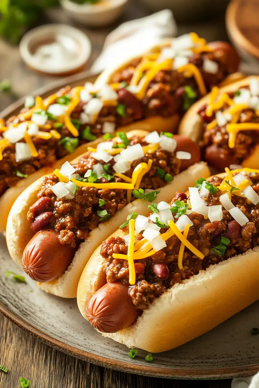 Close-up of slow cooker chili dogs with melted cheese and garnishes
