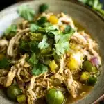 Close-up of slow cooker chili verde chicken with a creamy sauce and herbs