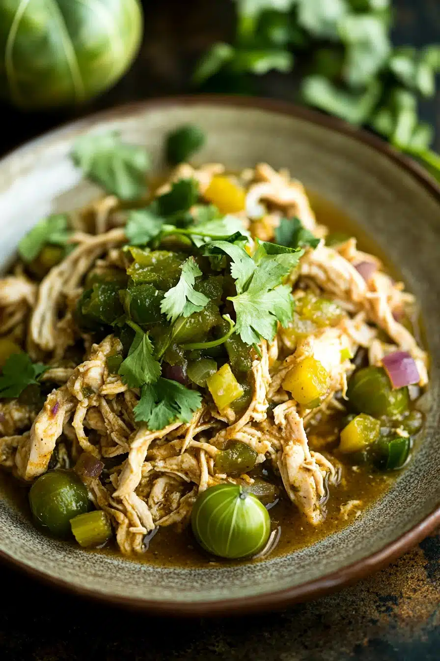 Close-up of slow cooker chili verde chicken with a creamy sauce and herbs