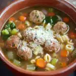Close-up of slow cooker Italian wedding soup with frozen meatballs in a white bowl