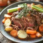 Close-up of a slow cooker pot roast with vegetables, showcasing a gluten-free meal.