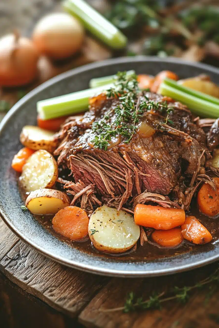 Close-up of a slow cooker pot roast with vegetables, showcasing a gluten-free meal.