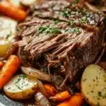 Close-up of a slow cooker pot roast with ranch dressing, showcasing tender meat and creamy sauce.