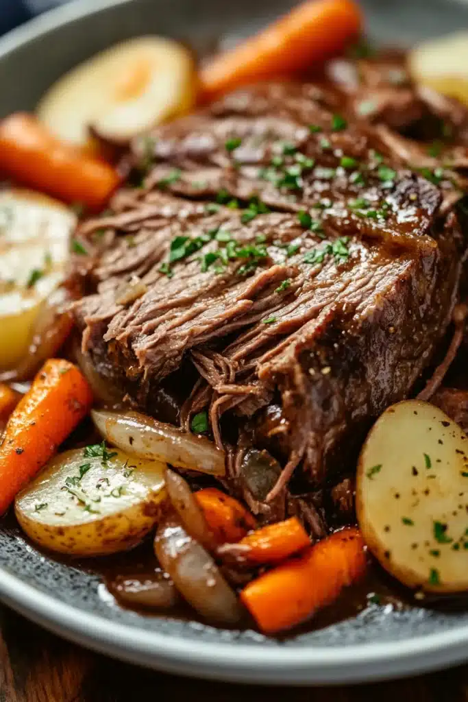Close-up of a slow cooker pot roast with ranch dressing, showcasing tender meat and creamy sauce.
