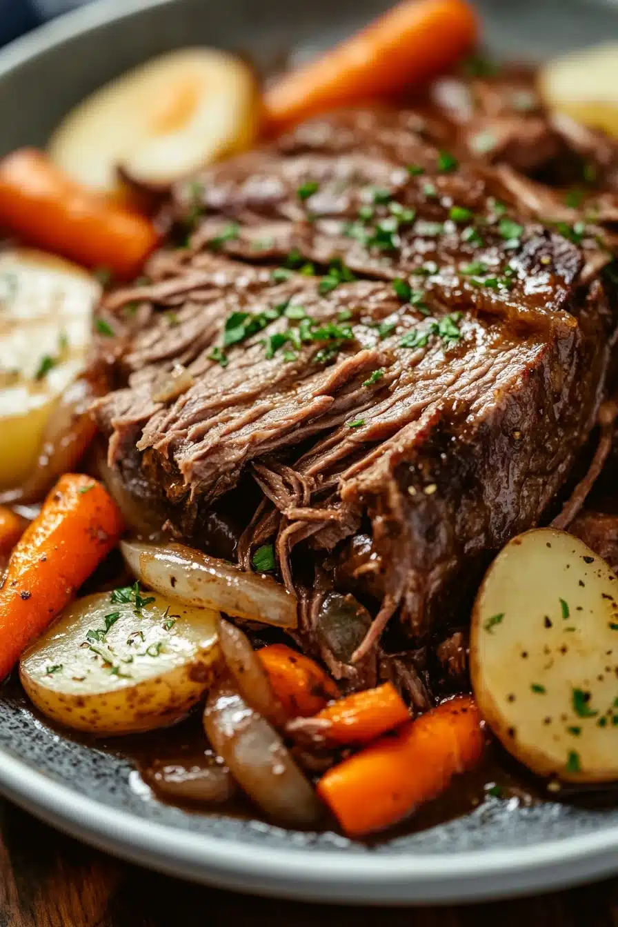 Close-up of a slow cooker pot roast with ranch dressing, showcasing tender meat and creamy sauce.
