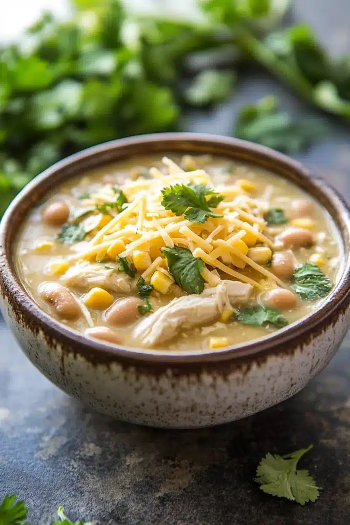 Close-up of slow cooker white chicken chili with creamy sauce and herbs