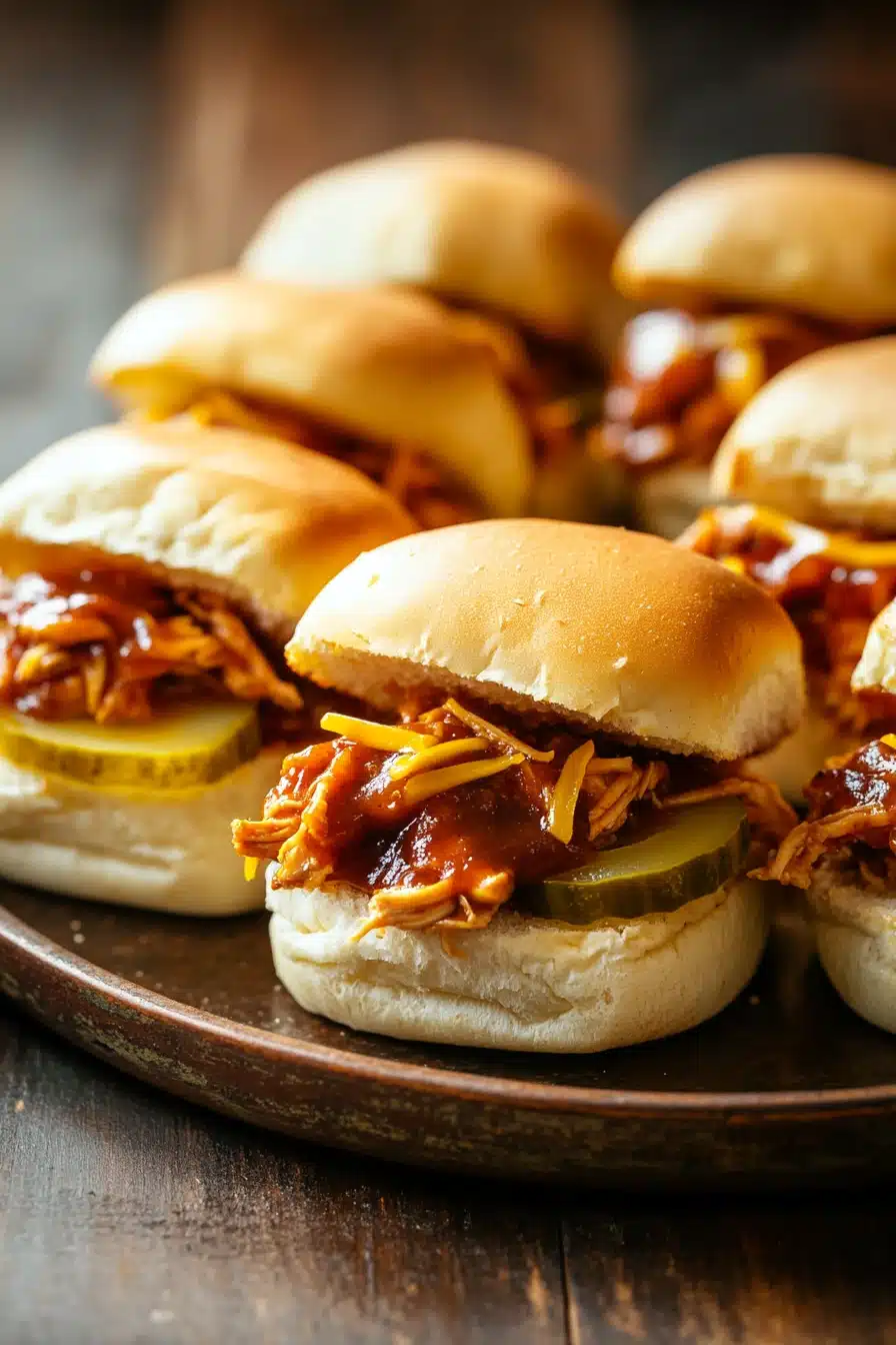 Close-up of slow cooker zesty BBQ chicken sliders with a clean background.