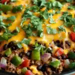 Close-up of a vibrant ground beef taco skillet with fresh vegetables and herbs.