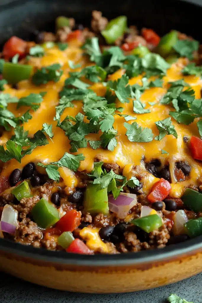 Close-up of a vibrant ground beef taco skillet with fresh vegetables and herbs.